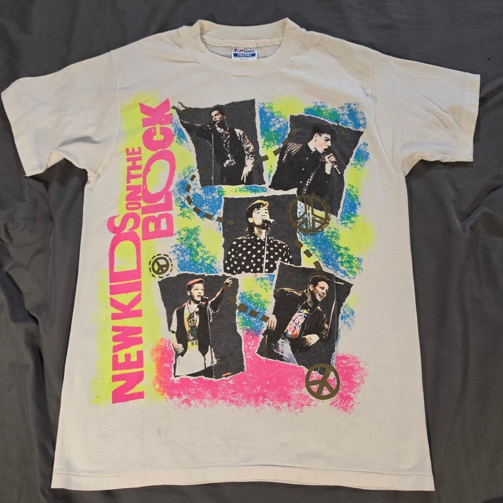 Vintage 1989 New Kids on the Block NKOTB Hanes T-Shirt Neon Handprints M 6910